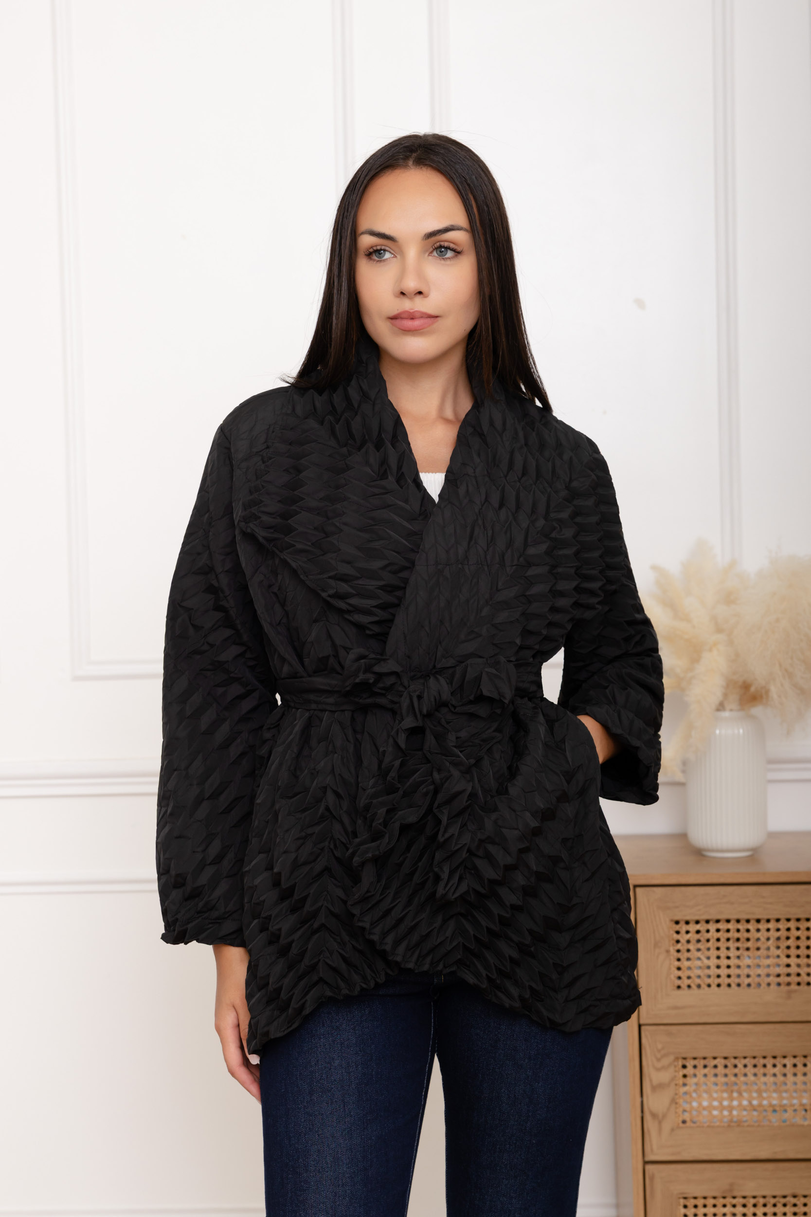 Talia, le manteau texturé croisé ceinturé grand col – Image 9