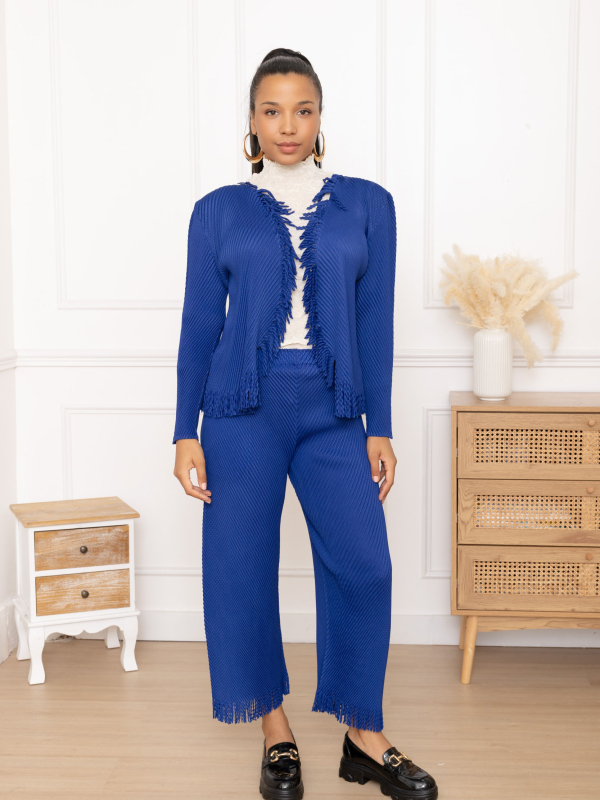 Vanessa, l'ensemble veste ouverte à franges et pantalon droit