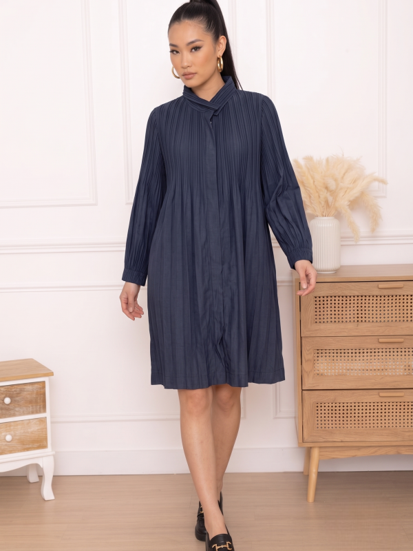 Romy, le manteau plissé zippé manches bouffantes - Bleu marine