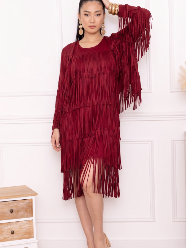 Wanda, l'ensemble robe et veste à franges superposées - Bordeaux